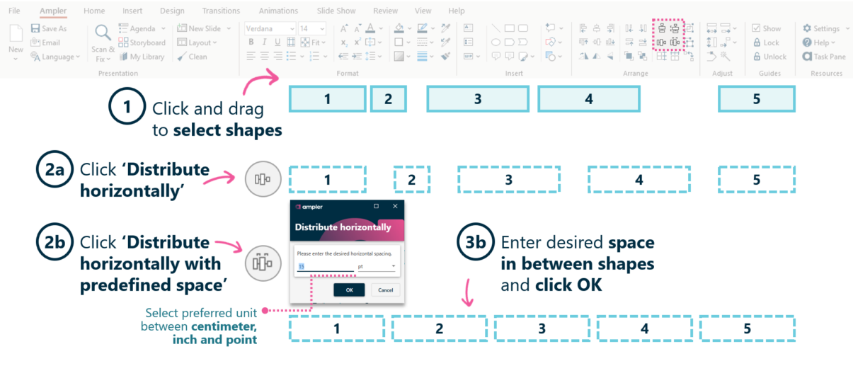 Distribute shapes evenly or with predefined space Next generation