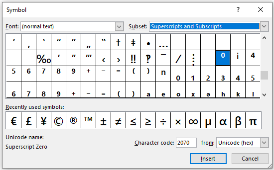 Superscript and subscript symbol dialog box in PowerPoint