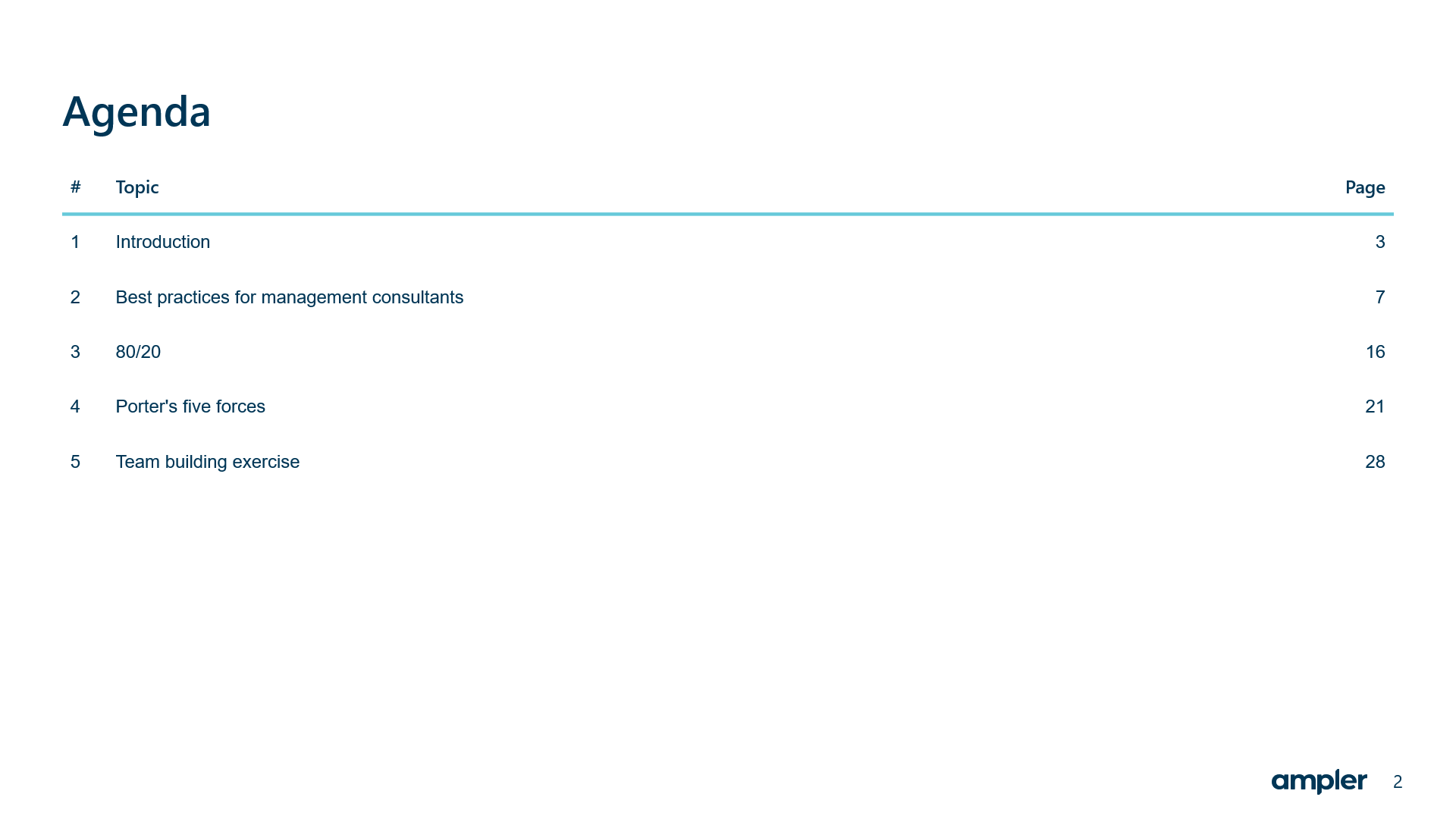 A minimalist agenda slide exudes professionalism
