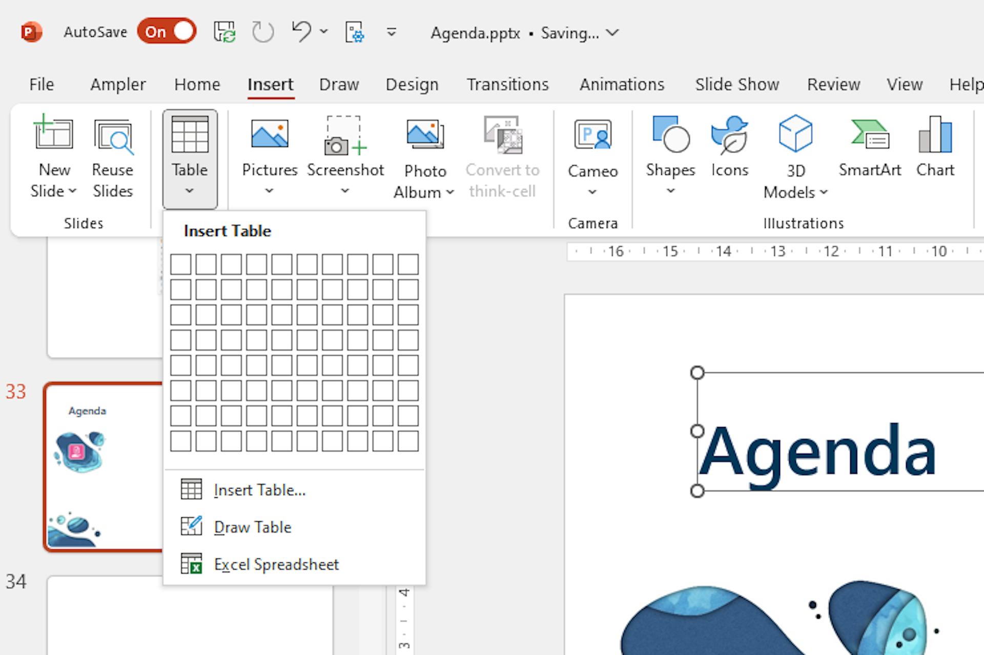You can build your own agenda template for meetings using text boxes and tables. Simply name the file 'Agenda template for meetings' and you can easily find it again.