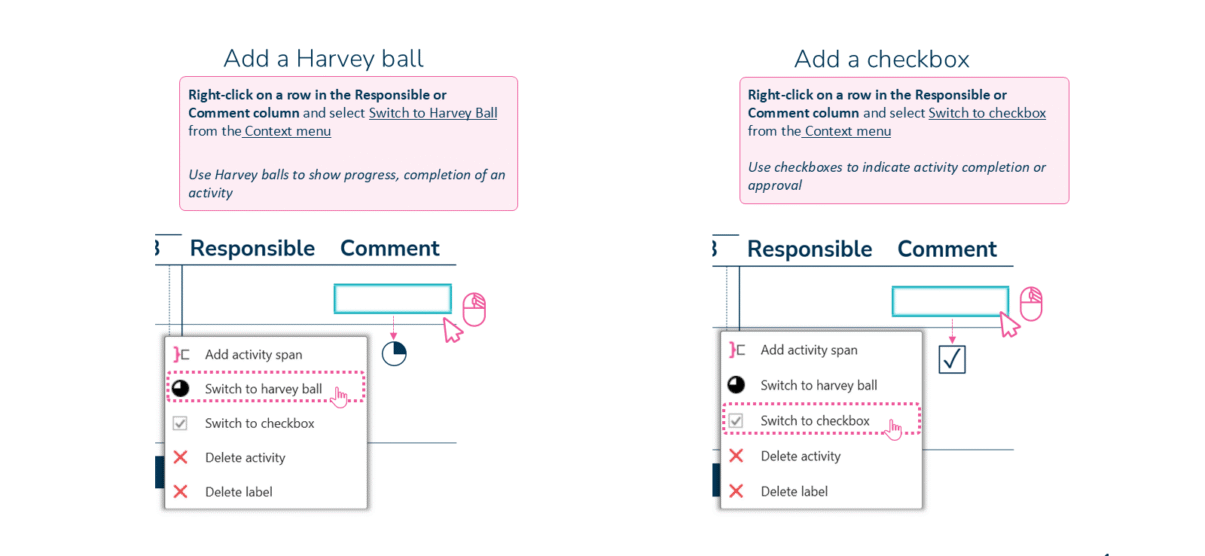 Adding a Harvey ball or checkbox to a Gantt chart in Ampler Charts