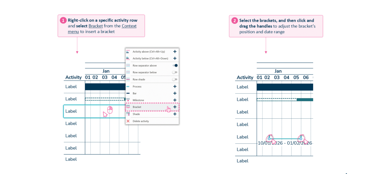 Adding brackets to an activity on a Gantt chart in Ampler Charts
