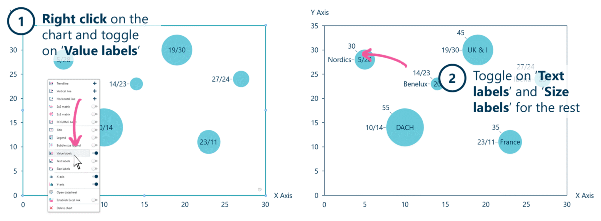 Adding value, text and size labels to a bubble chart in Ampler Charts