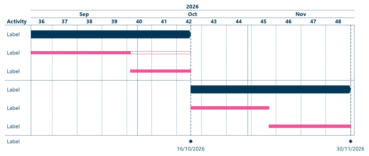 A Gantt chart in Ampler Charts showing project activities as horizontal bars along a timeline with milestones