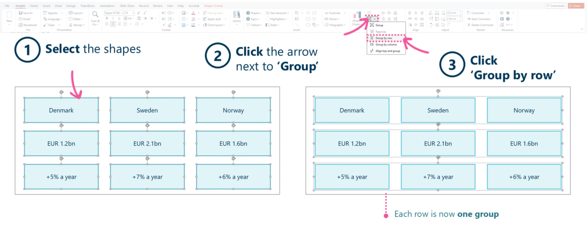 Grouping a grid of shapes by row with Ampler in PowerPoint