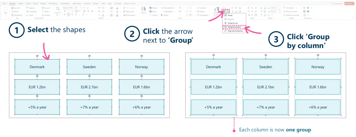 Grouping a grid of shapes by column with Ampler in PowerPoint