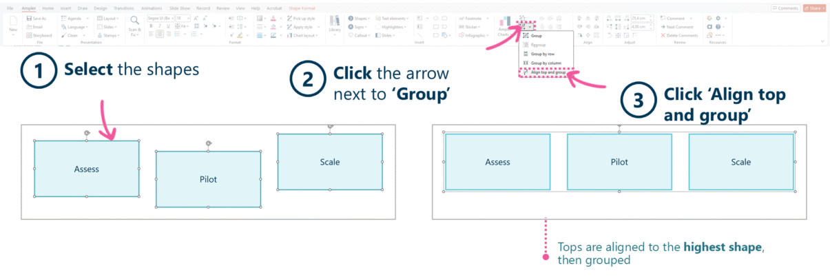 Aligning the tops of shapes and grouping them with Ampler in PowerPoint