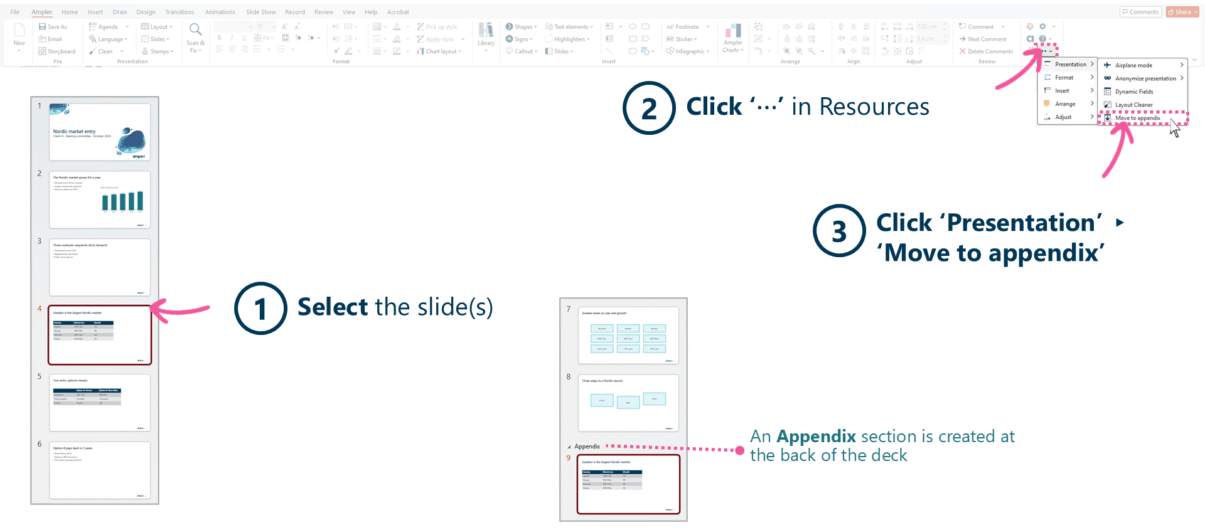 Moving a slide to the appendix with Ampler in PowerPoint